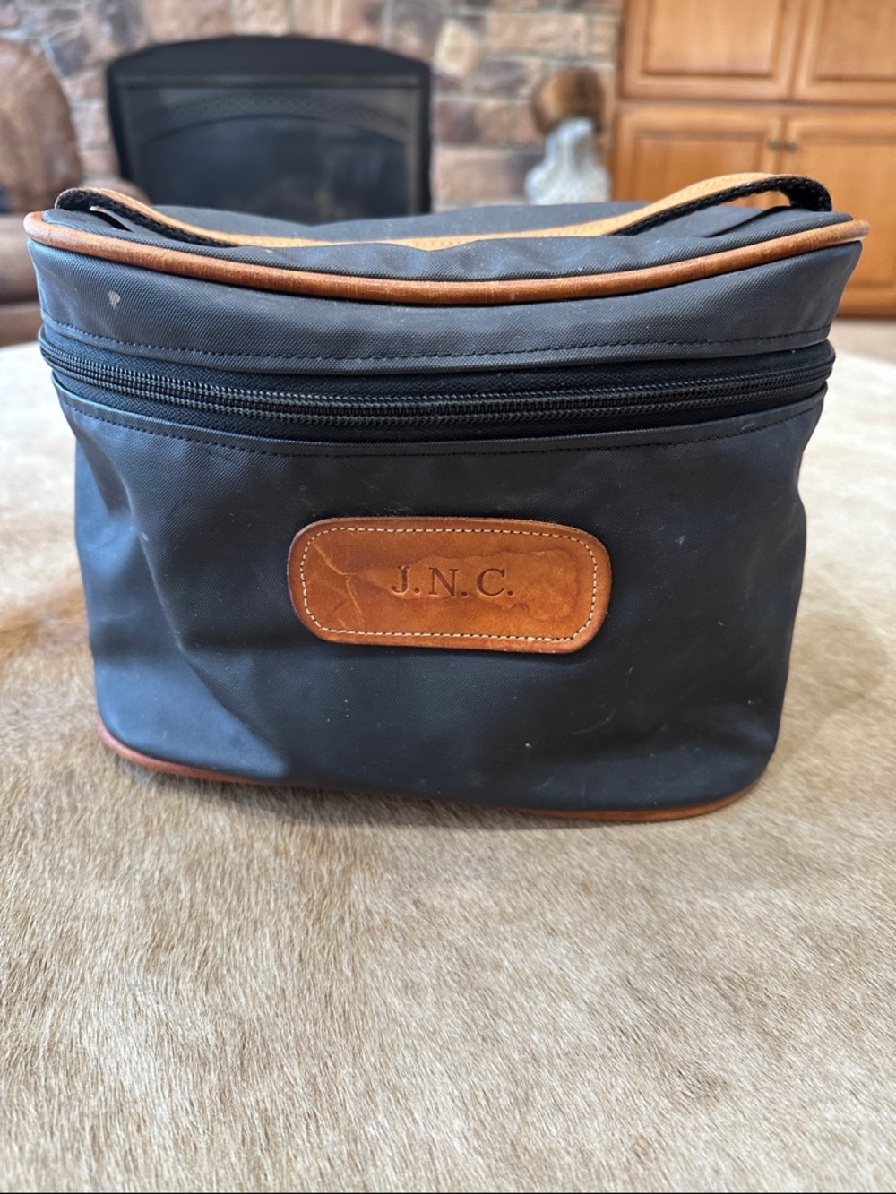 Jon Hart Design Black Large Toiletry Bag with Brown Leather Trim